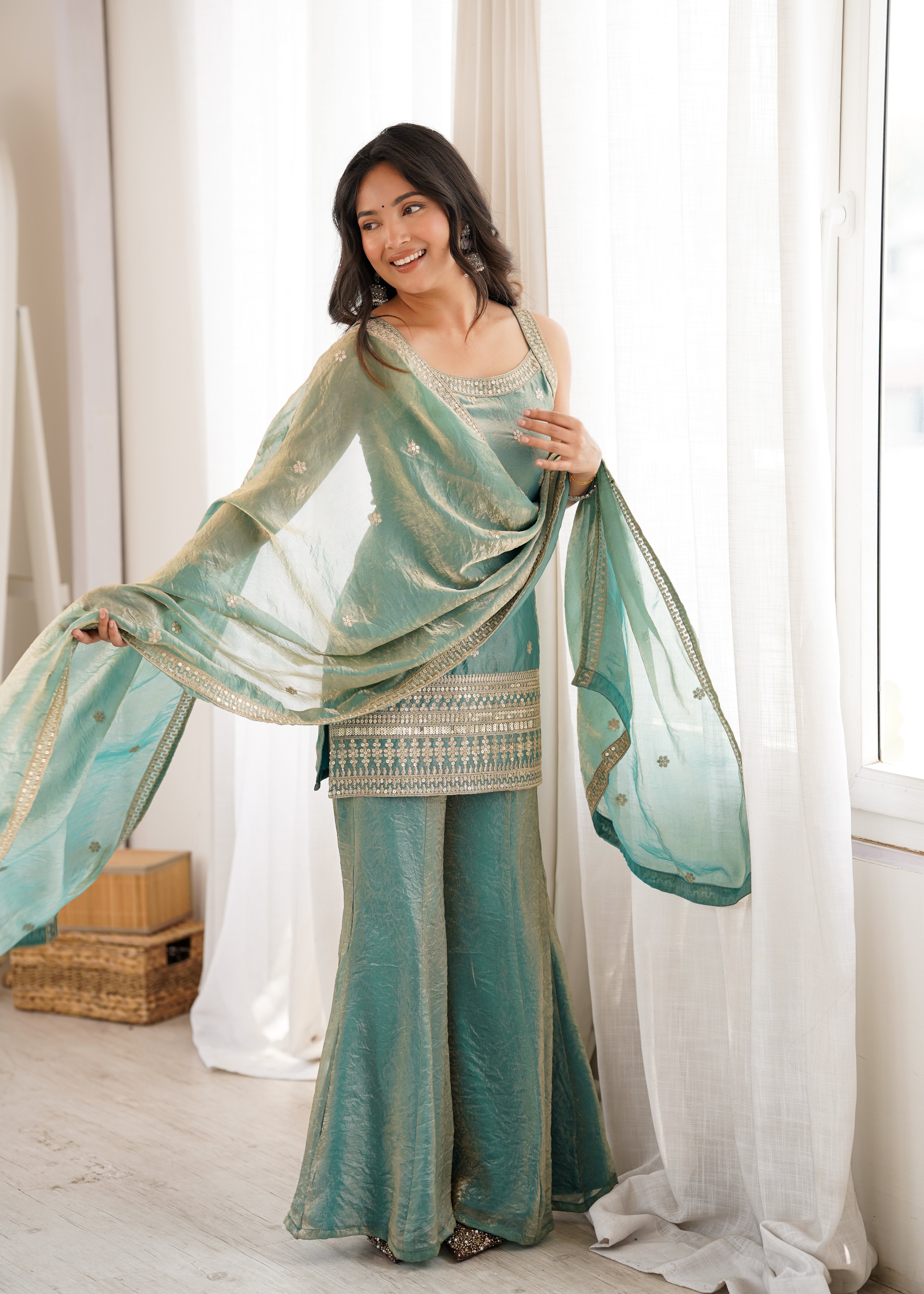 Navyasha Gorgeous Frendy Silk Embroidered Kurta with Bell Bottom & Dupatta