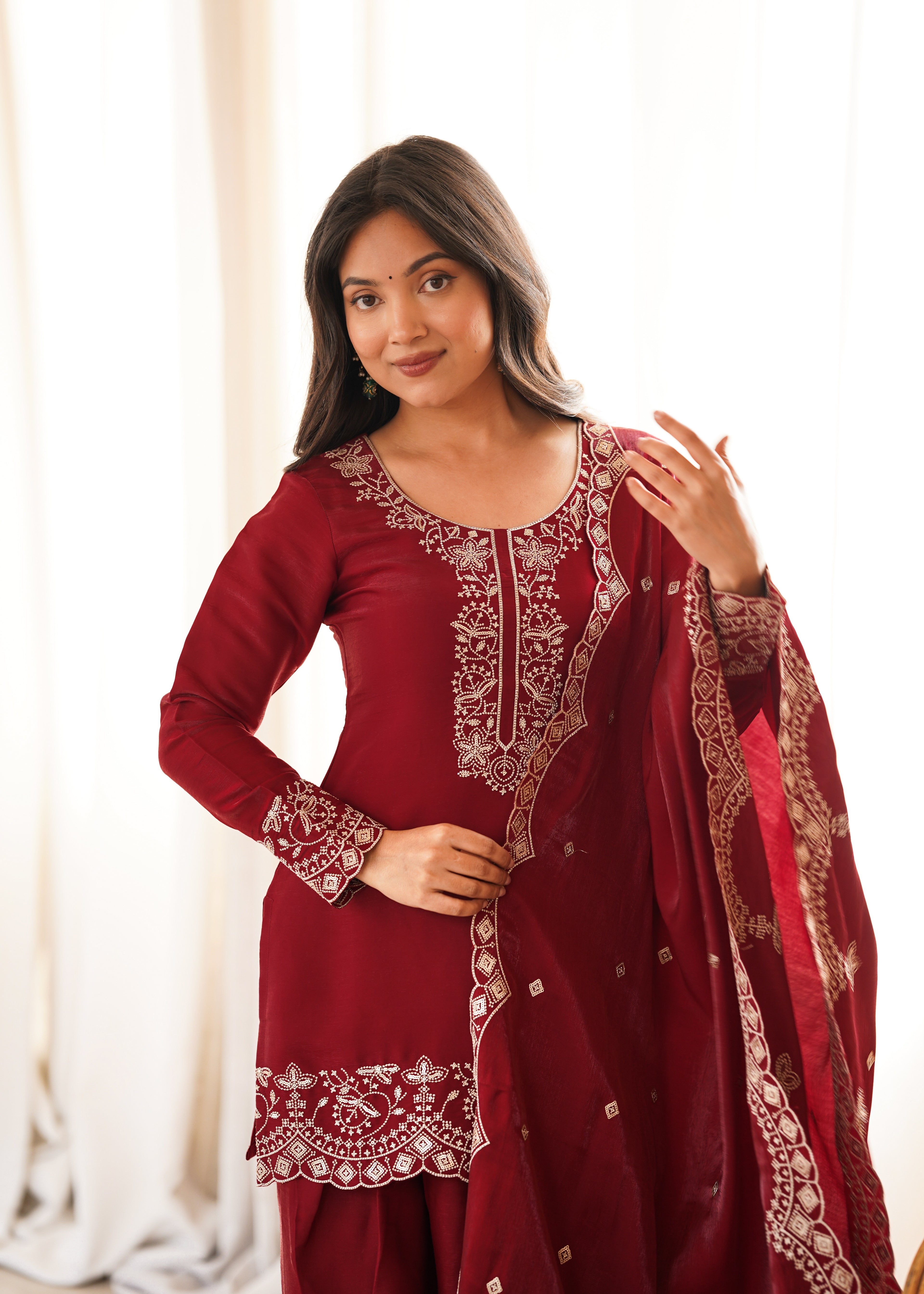 Tanishka Beautiful Roman Silk Embroidered Kurta with Farshi Salwar & Dupatta