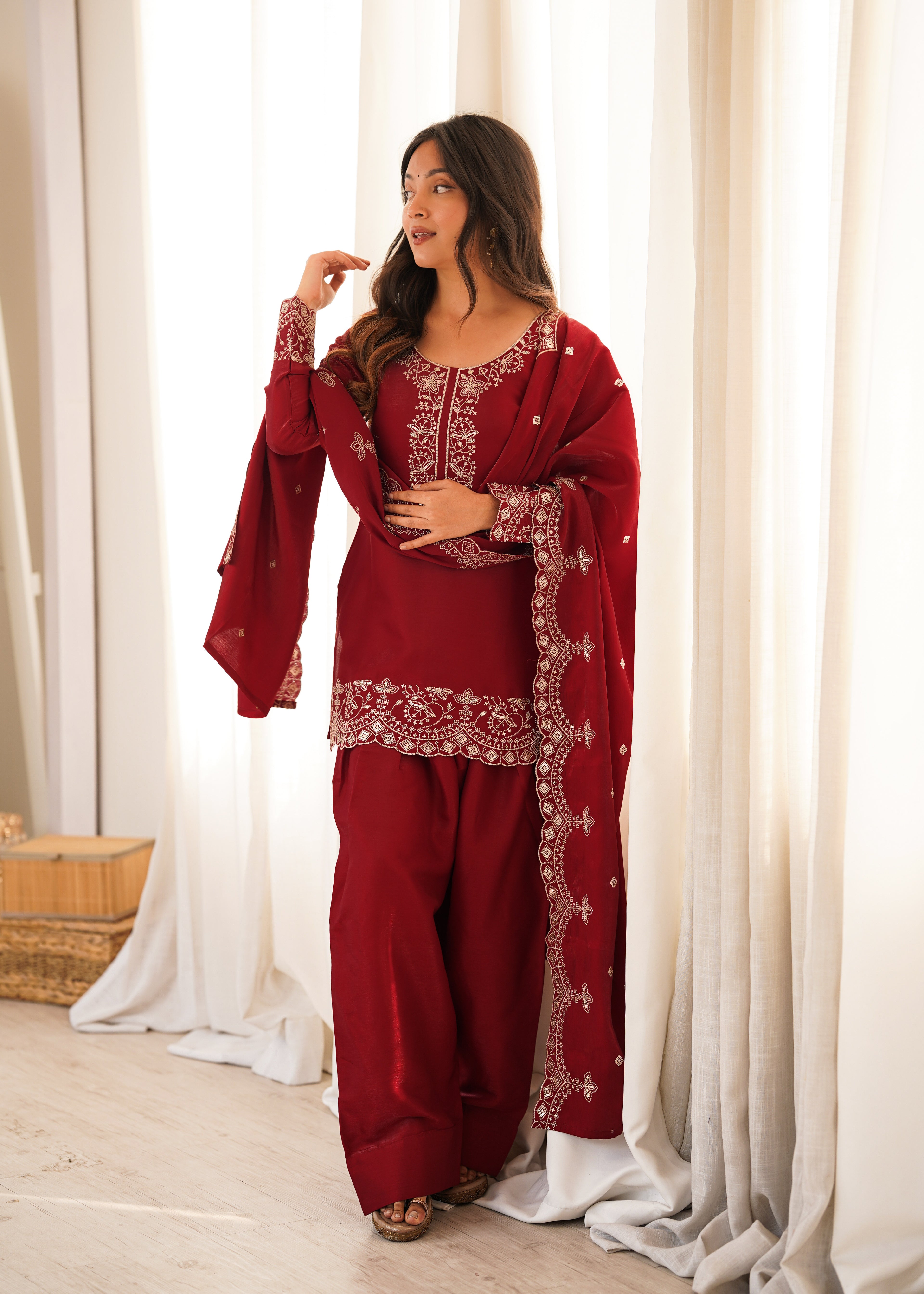 Tanishka Beautiful Roman Silk Embroidered Kurta with Farshi Salwar & Dupatta