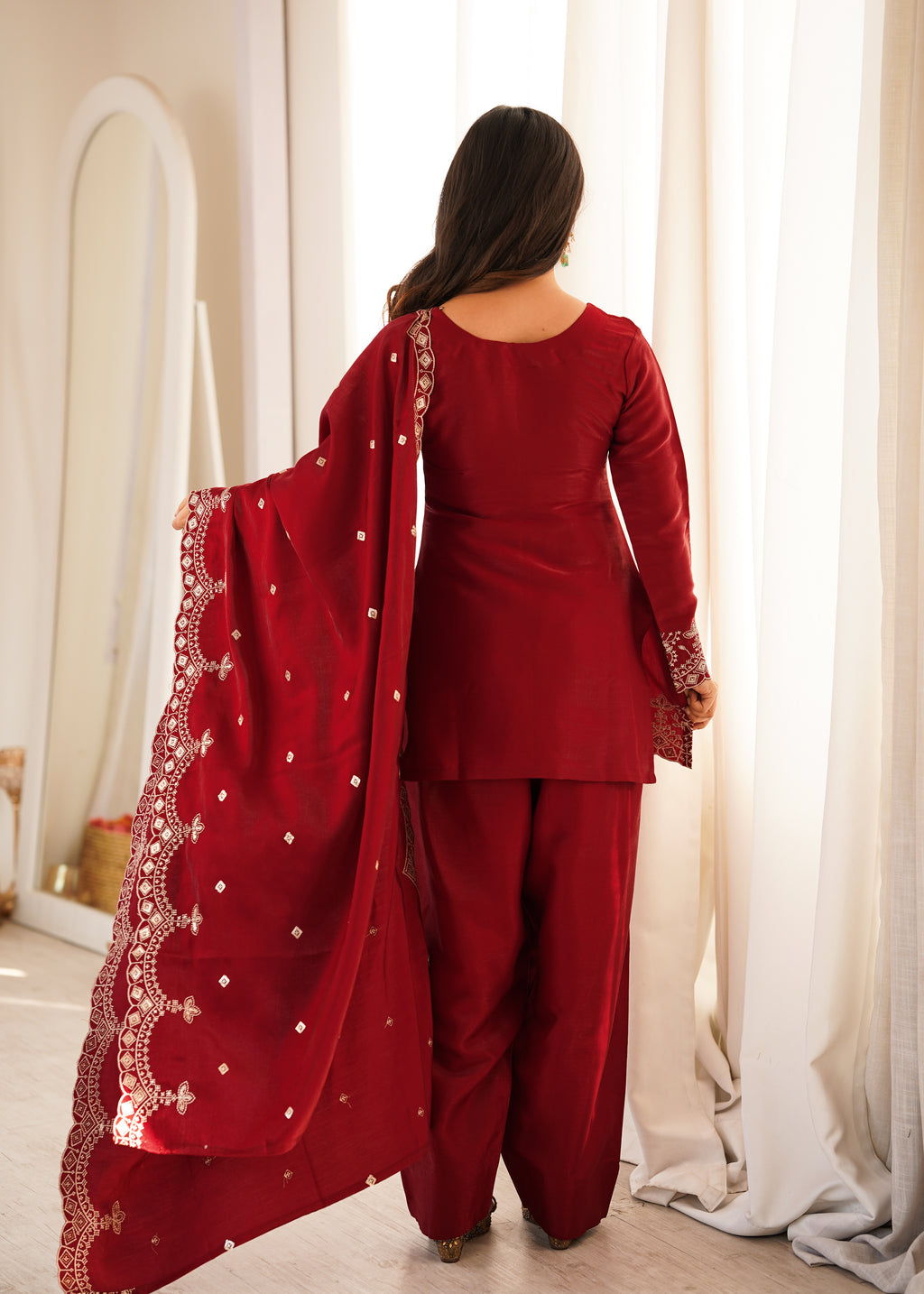 Tanishka Beautiful Roman Silk Embroidered Kurta with Farshi Salwar & Dupatta