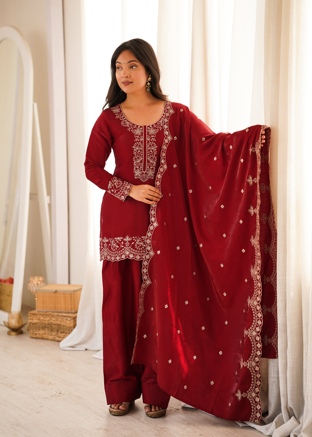 Tanishka Beautiful Roman Silk Embroidered Kurta with Farshi Salwar & Dupatta