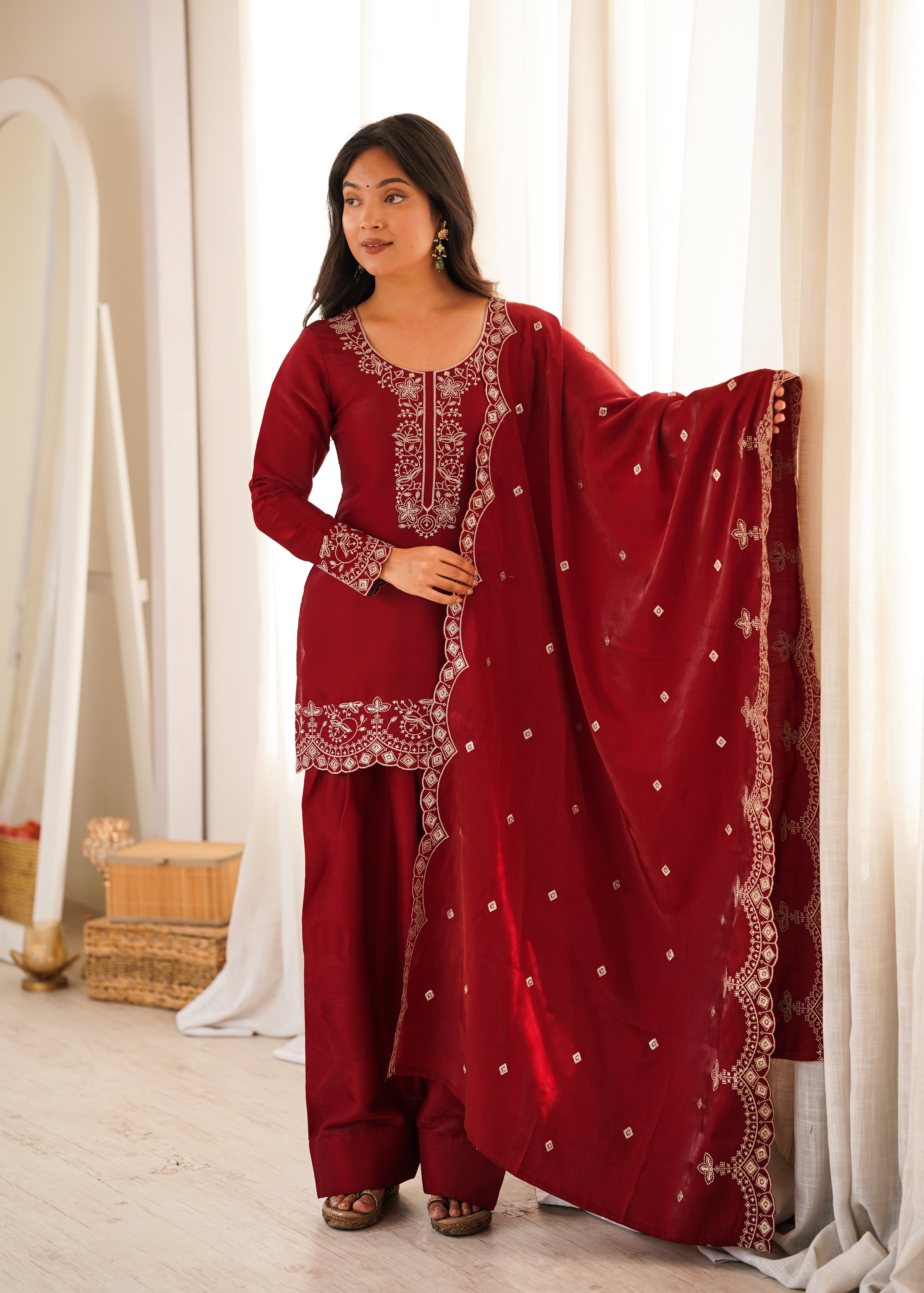 Tanishka Beautiful Roman Silk Embroidered Kurta with Farshi Salwar & Dupatta