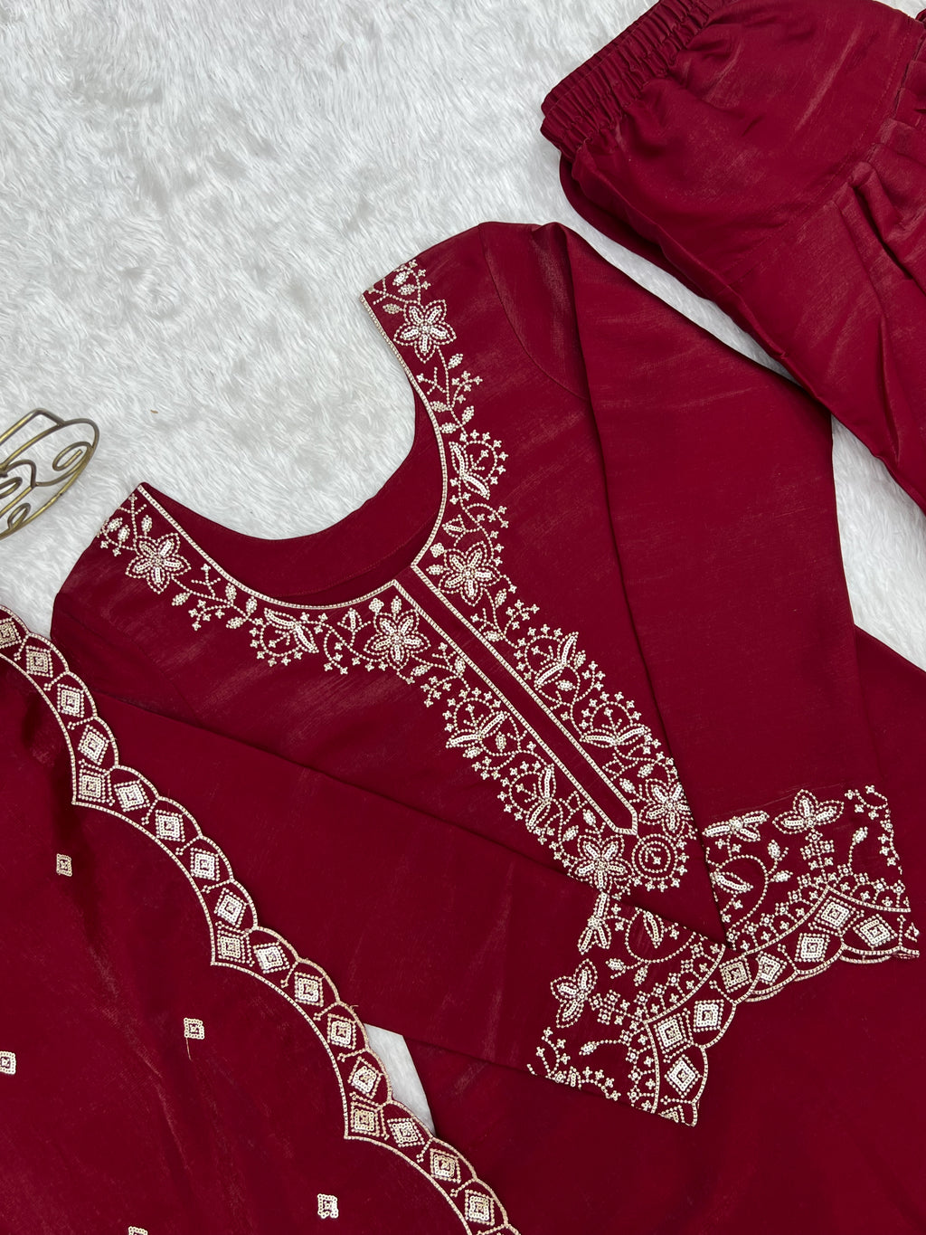 Tanishka Beautiful Roman Silk Embroidered Kurta with Farshi Salwar & Dupatta