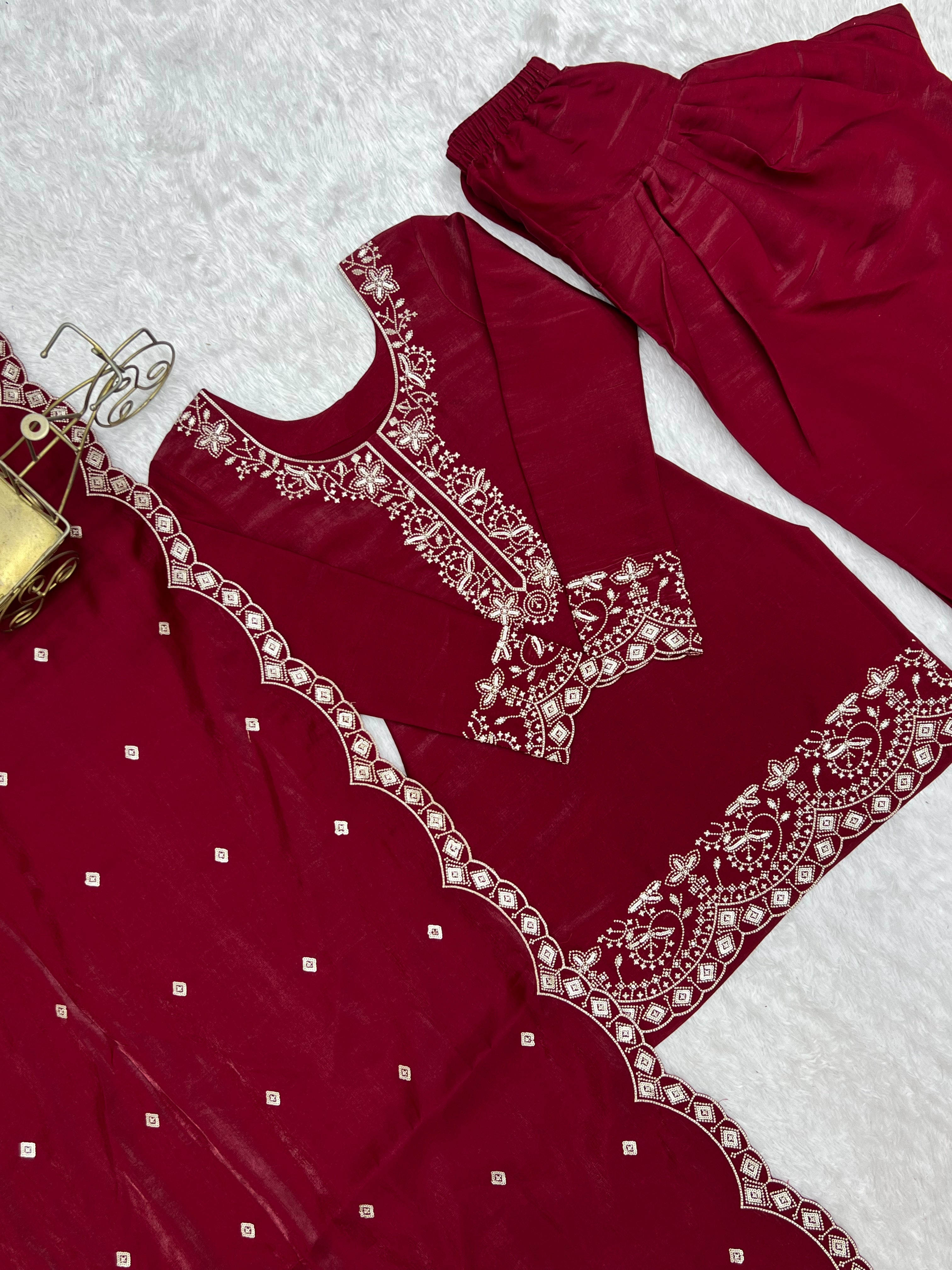 Tanishka Beautiful Roman Silk Embroidered Kurta with Farshi Salwar & Dupatta
