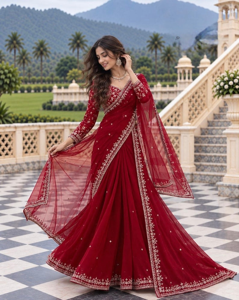 Designer Georgette Embroidered Saree with Blouse & Net Dupatta