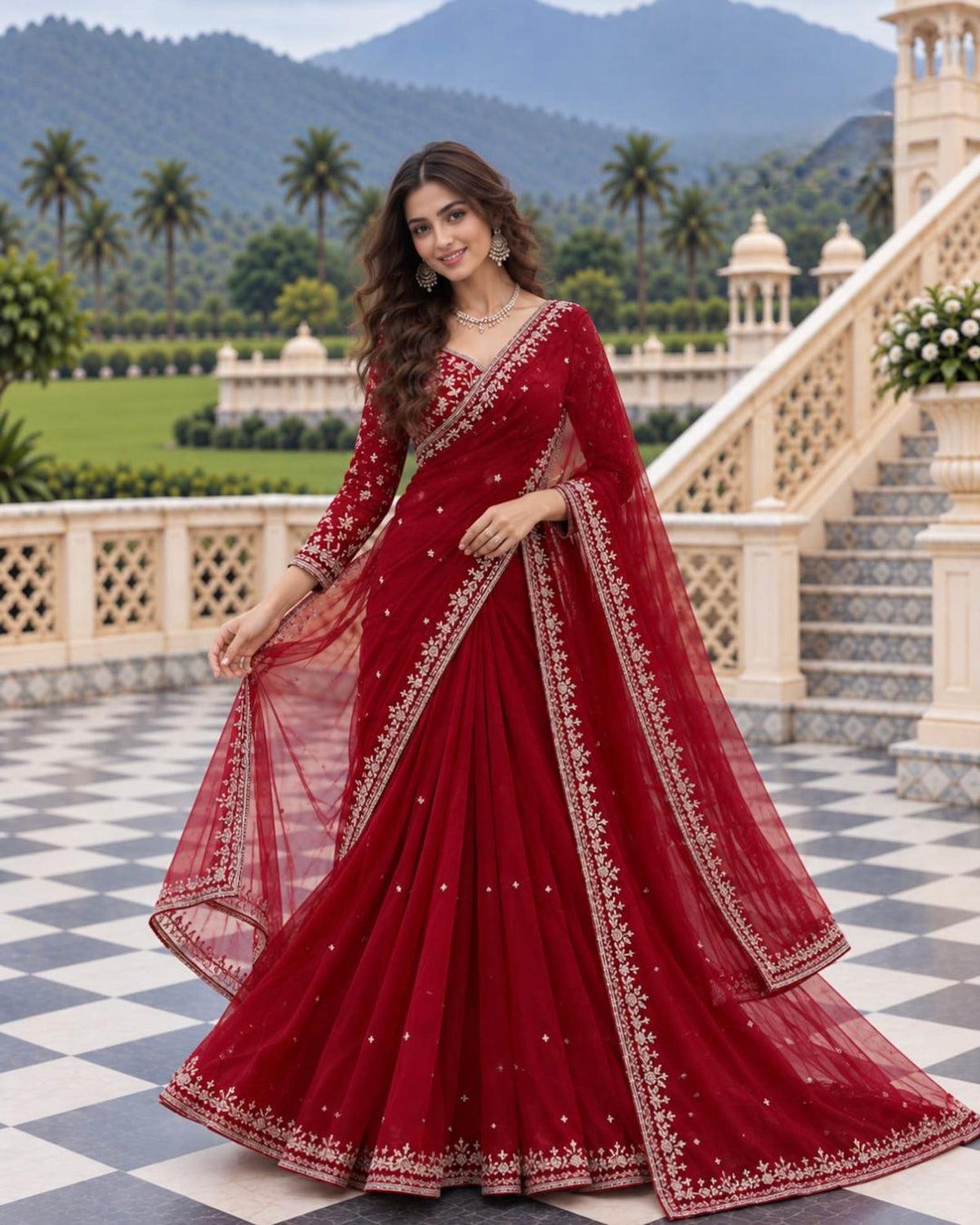 Designer Georgette Embroidered Saree with Blouse & Net Dupatta