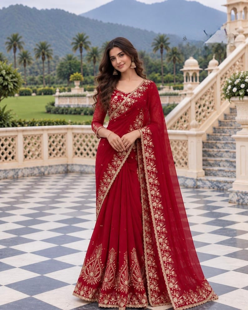Zehra Ruby Red Georgette Designer Saree with Thread & Sequin Work