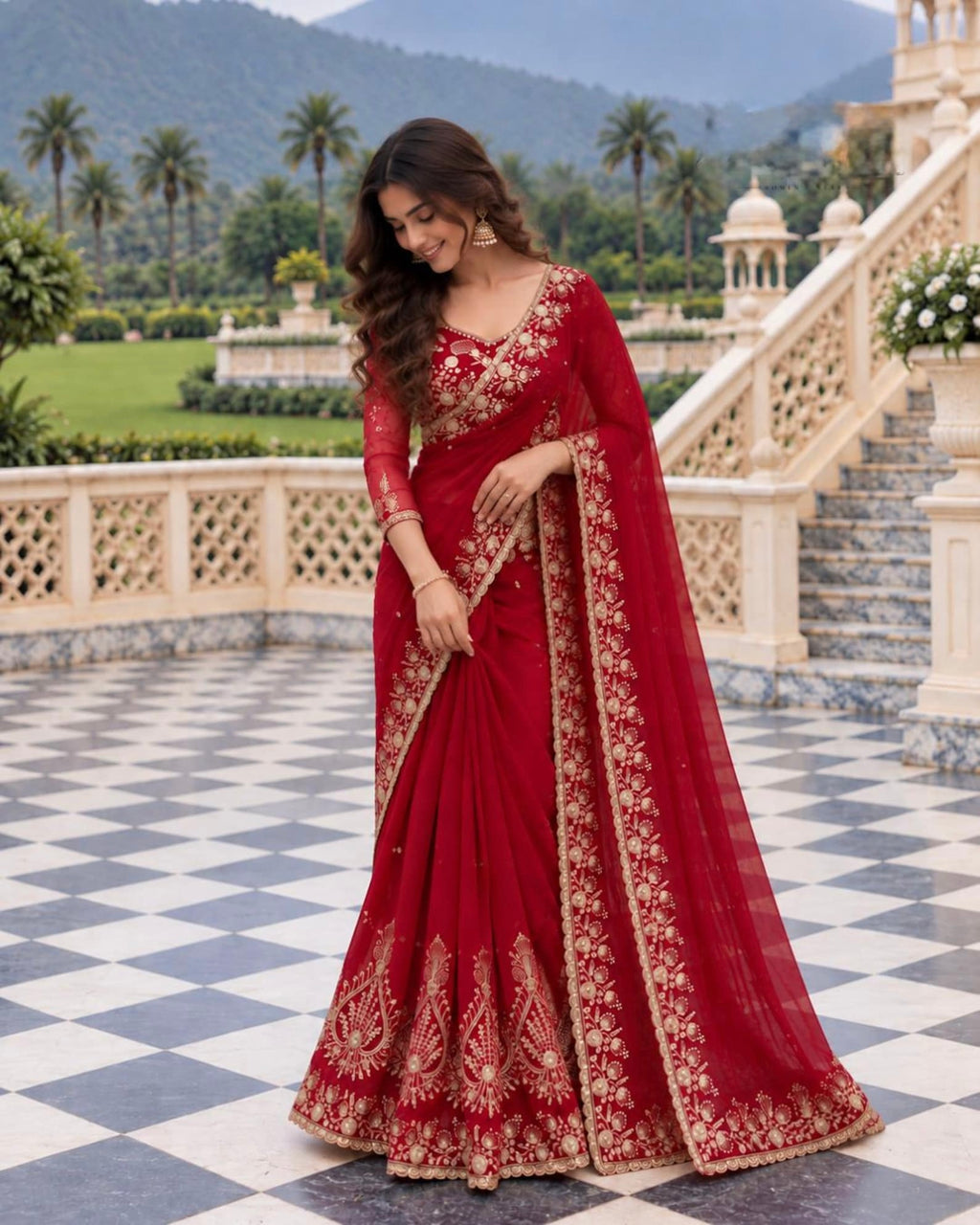 Zehra Ruby Red Georgette Designer Saree with Thread & Sequin Work
