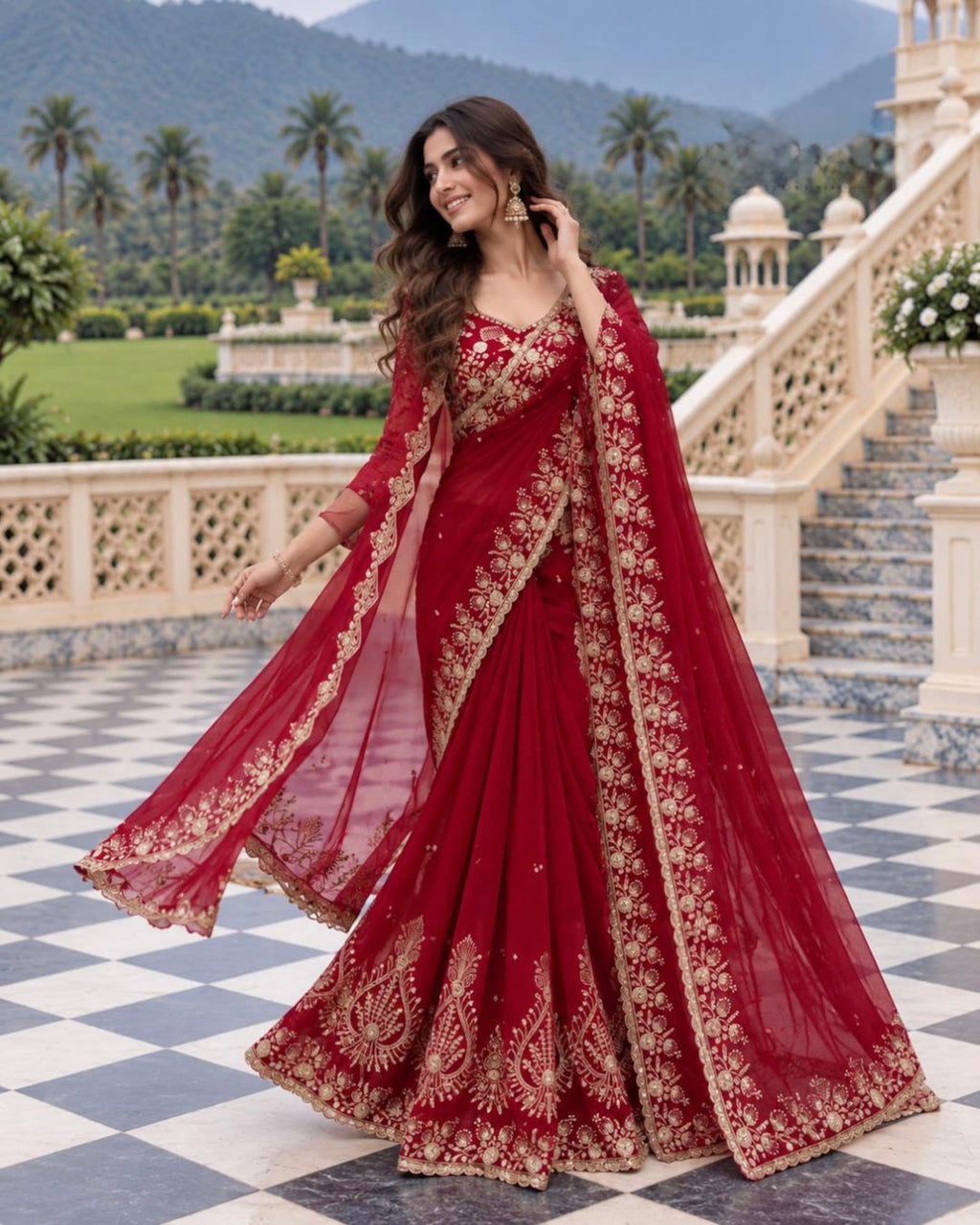 Zehra Ruby Red Georgette Designer Saree with Thread & Sequin Work