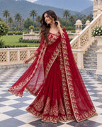 Zehra Ruby Red Georgette Designer Saree with Thread & Sequin Work