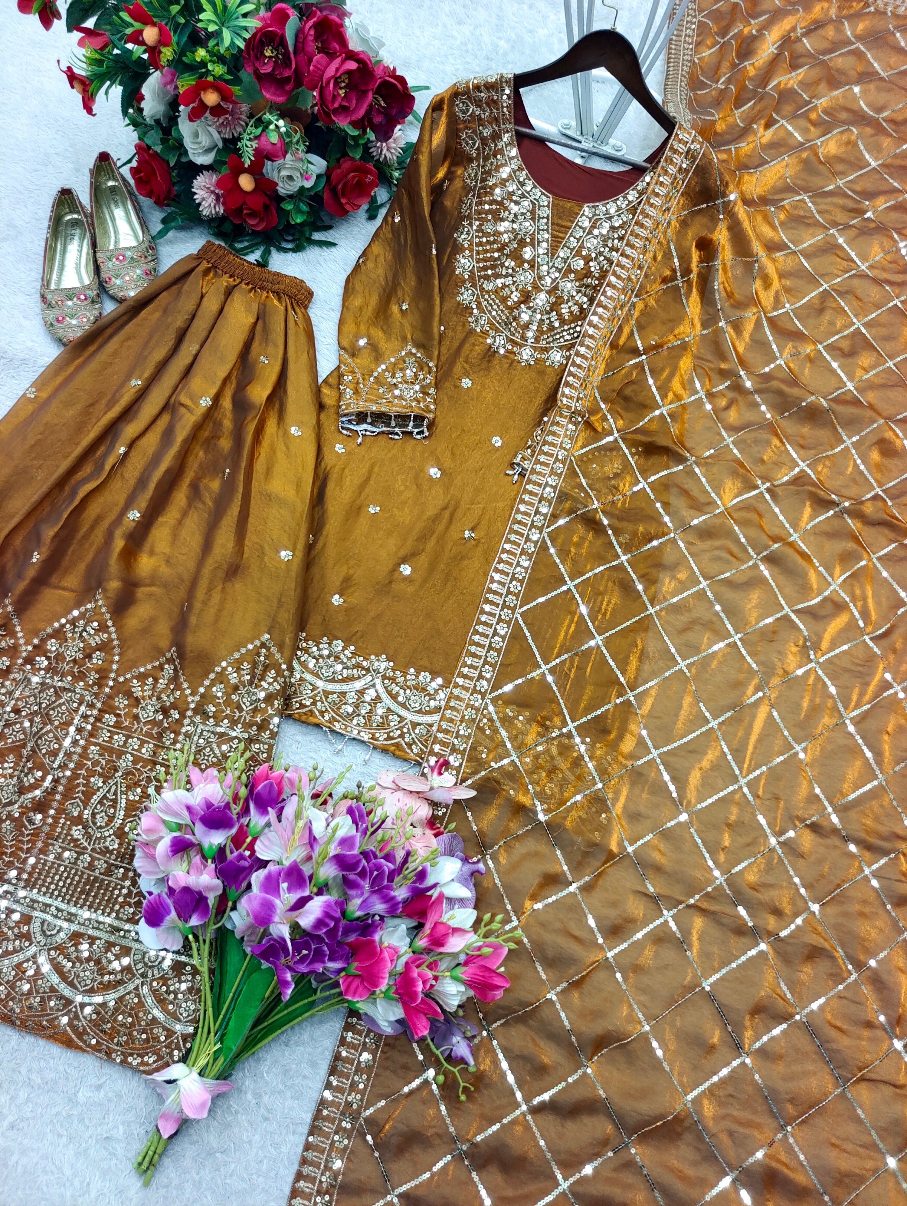 Aarvisha Fendy Silk 5mm Sequins Embroidered Sarara Suit with Dupatta