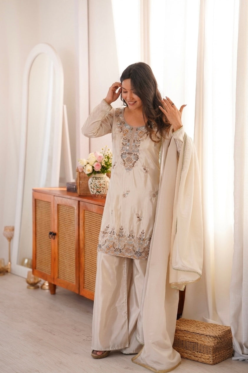 Zelvaira Designer H.O. Silk Heavy Beads, Sequins & Thread Embroidered Suit with Dupatta