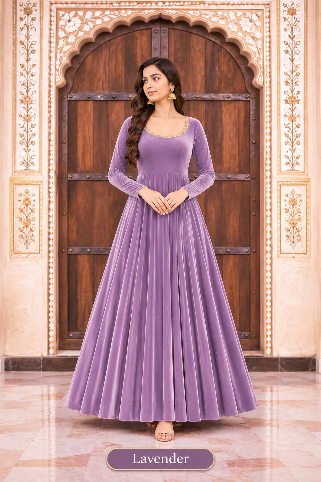 Zareen Velvet Anarkali Gown Set with Gotta Lace Work, Matching Dupatta