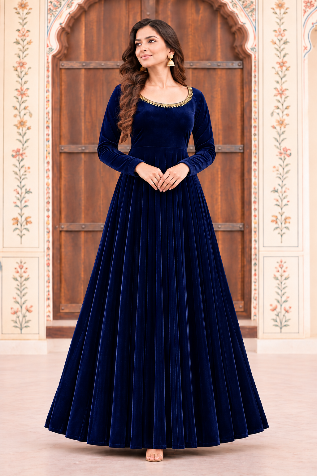 Zareen Velvet Anarkali Gown Set with Gotta Lace Work, Matching Dupatta