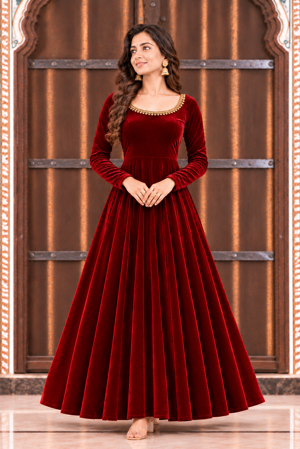 Zareen Velvet Anarkali Gown Set with Gotta Lace Work, Matching Dupatta