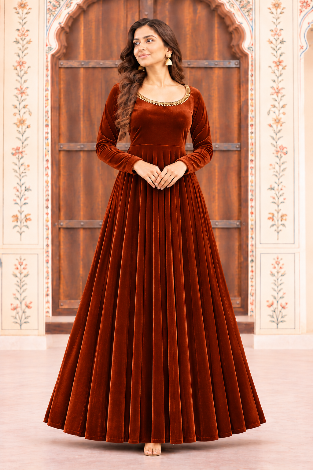 Zareen Velvet Anarkali Gown Set with Gotta Lace Work, Matching Dupatta