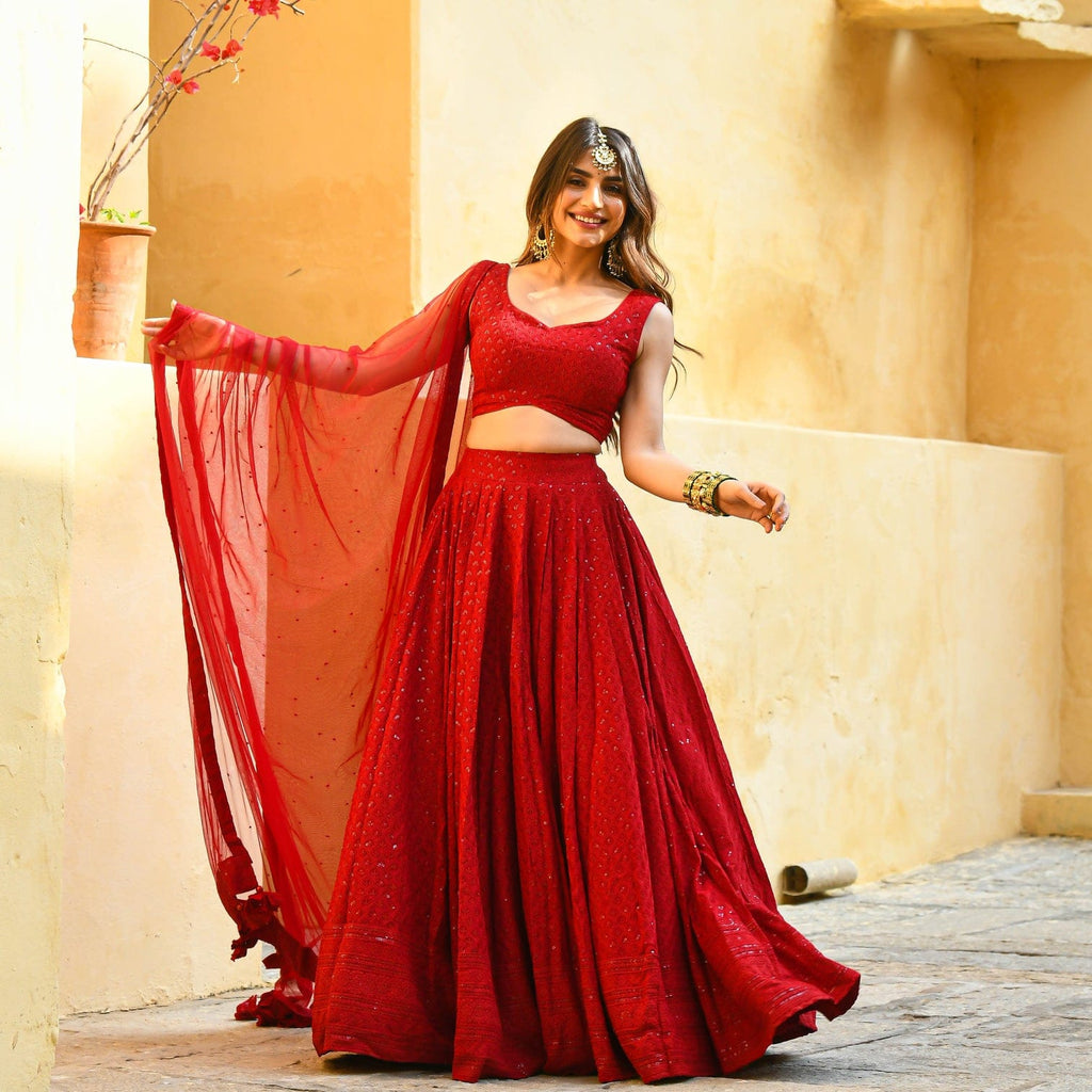 Wedding Wear Sequin Chikankari Lehenga Set with Georgette Dupatta