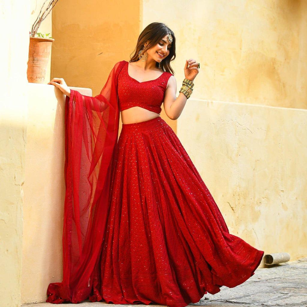 Wedding Wear Sequin Chikankari Lehenga Set with Georgette Dupatta