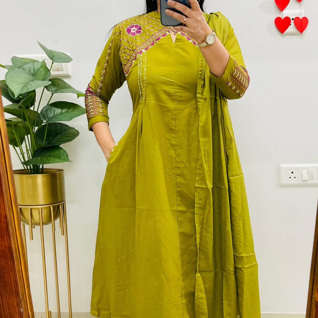 Zariya Designer Mughal & Kalamkari Fusion A-Line Cotton Suit Set with Pant & Embroidered Dupatta