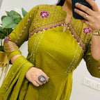 Zariya Designer Mughal & Kalamkari Fusion A-Line Cotton Suit Set with Pant & Embroidered Dupatta