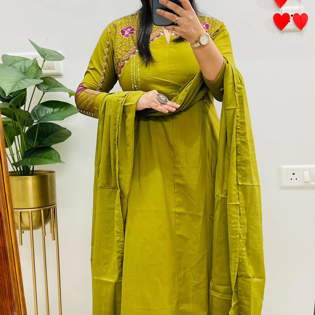Zariya Designer Mughal & Kalamkari Fusion A-Line Cotton Suit Set with Pant & Embroidered Dupatta