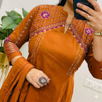 Zariya Designer Mughal & Kalamkari Fusion A-Line Cotton Suit Set with Pant & Embroidered Dupatta