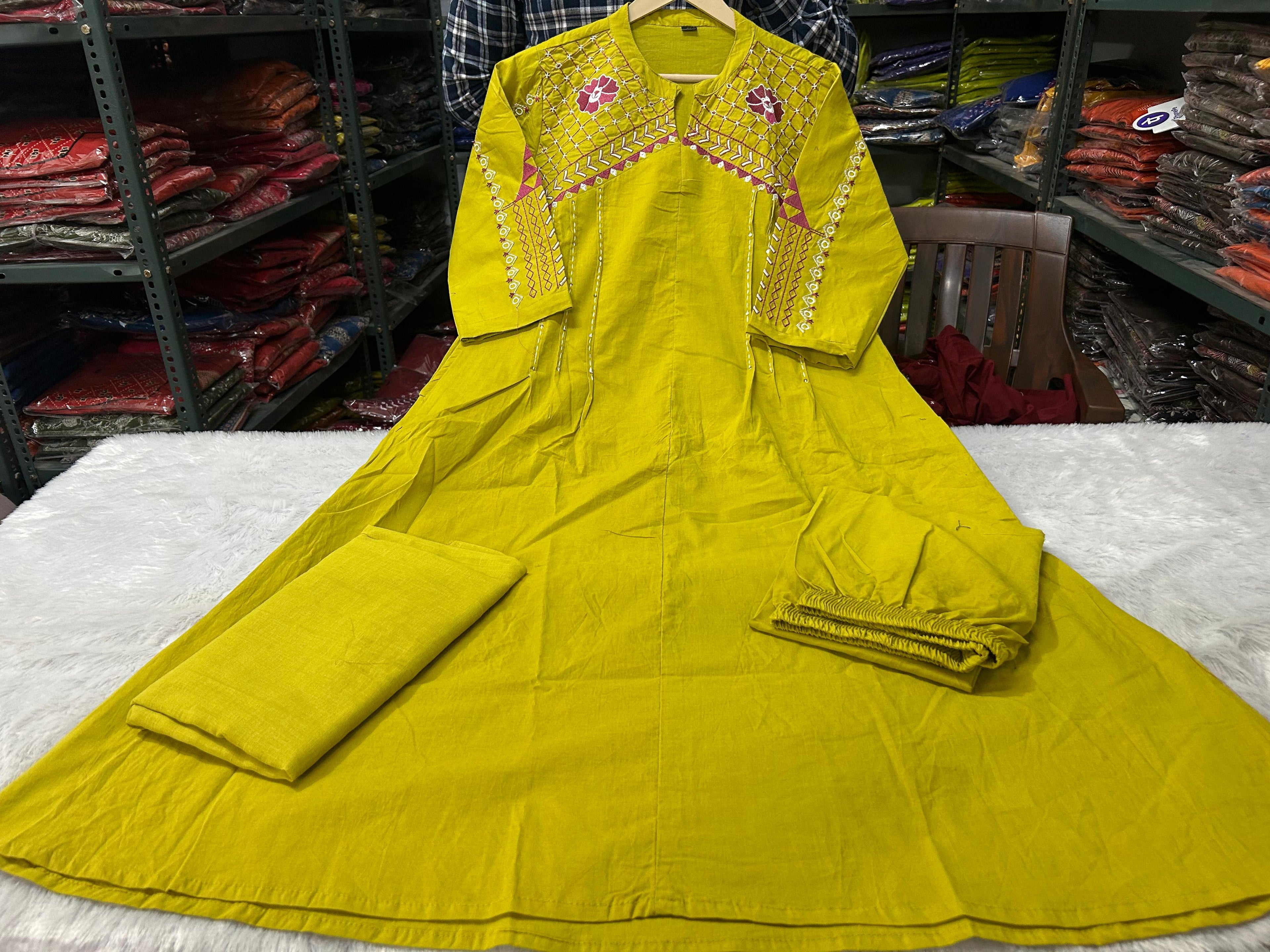 Zariya Designer Mughal & Kalamkari Fusion A-Line Cotton Suit Set with Pant & Embroidered Dupatta