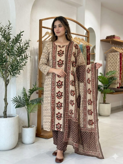 Aashritha Premium Cotton Handwork Kurti with Pant & Dupatta