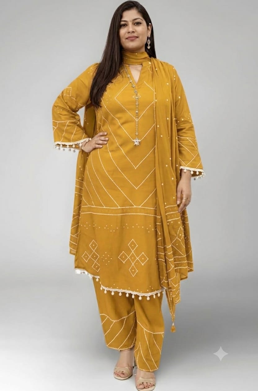 Ishika Cotton Bandhani Print Kurti with Pant & Mulmal Dupatta