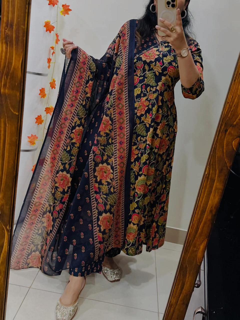 Reyanshi Designer Cotton Bandhani Kurti with Pant & Mulmal Dupatta