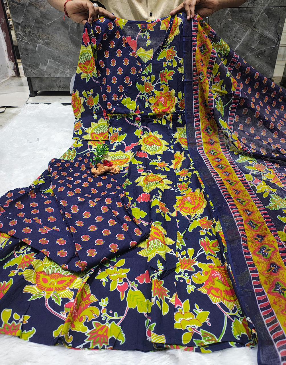 Reyanshi Designer Cotton Bandhani Kurti with Pant & Mulmal Dupatta