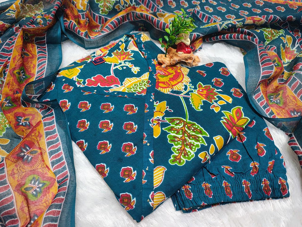 Reyanshi Designer Cotton Bandhani Kurti with Pant & Mulmal Dupatta