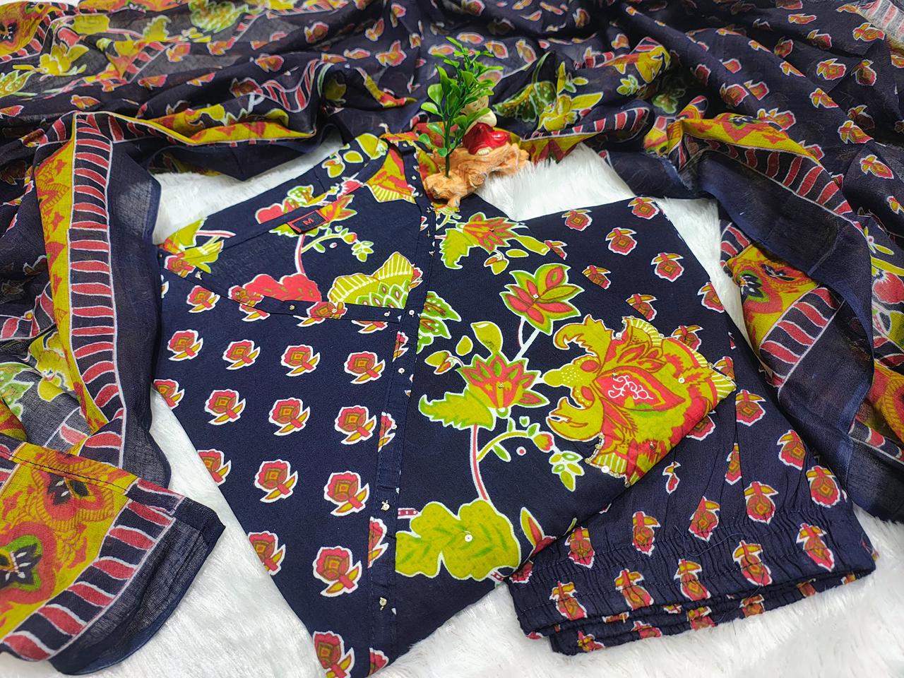 Reyanshi Designer Cotton Bandhani Kurti with Pant & Mulmal Dupatta