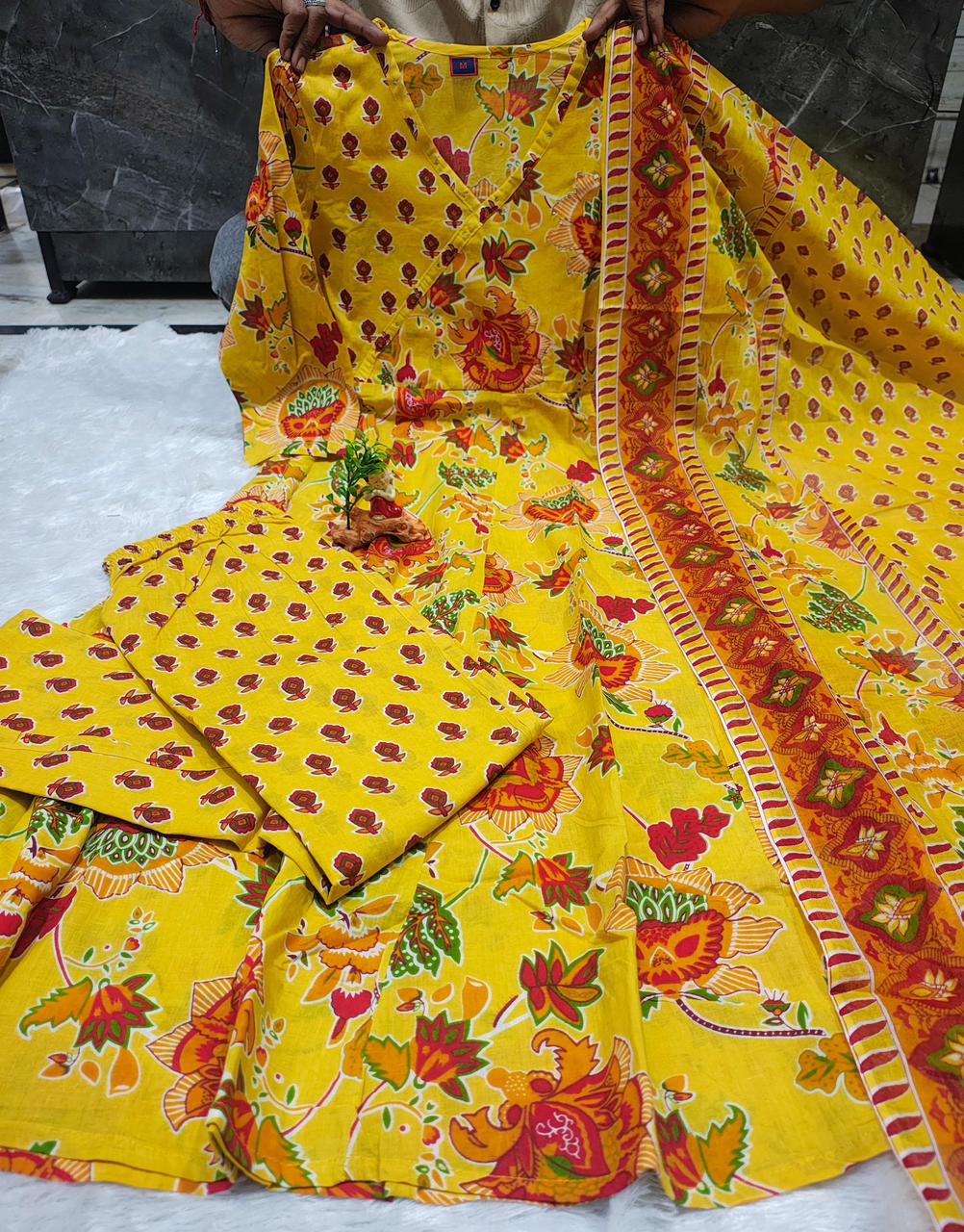 Reyanshi Designer Cotton Bandhani Kurti with Pant & Mulmal Dupatta
