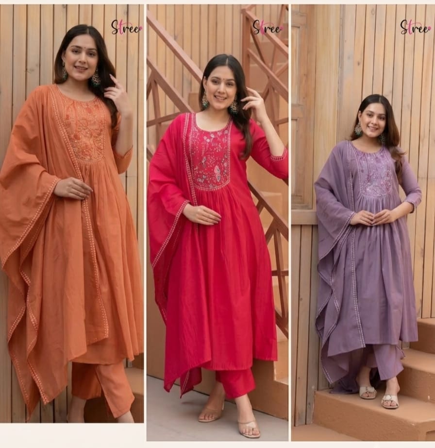 Ruhanika Embroidered Anarkali Suit with Pant & Mul Cotton Dupatta