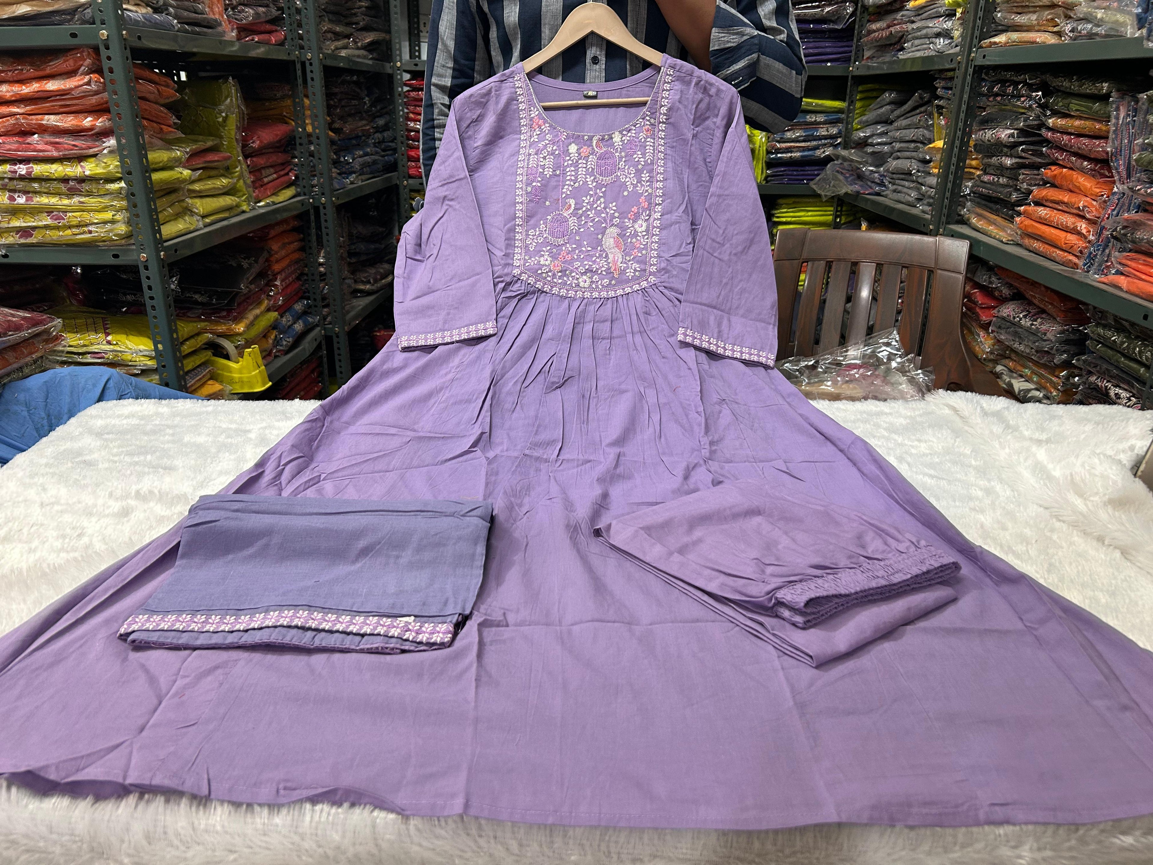 Ruhanika Embroidered Anarkali Suit with Pant & Mul Cotton Dupatta