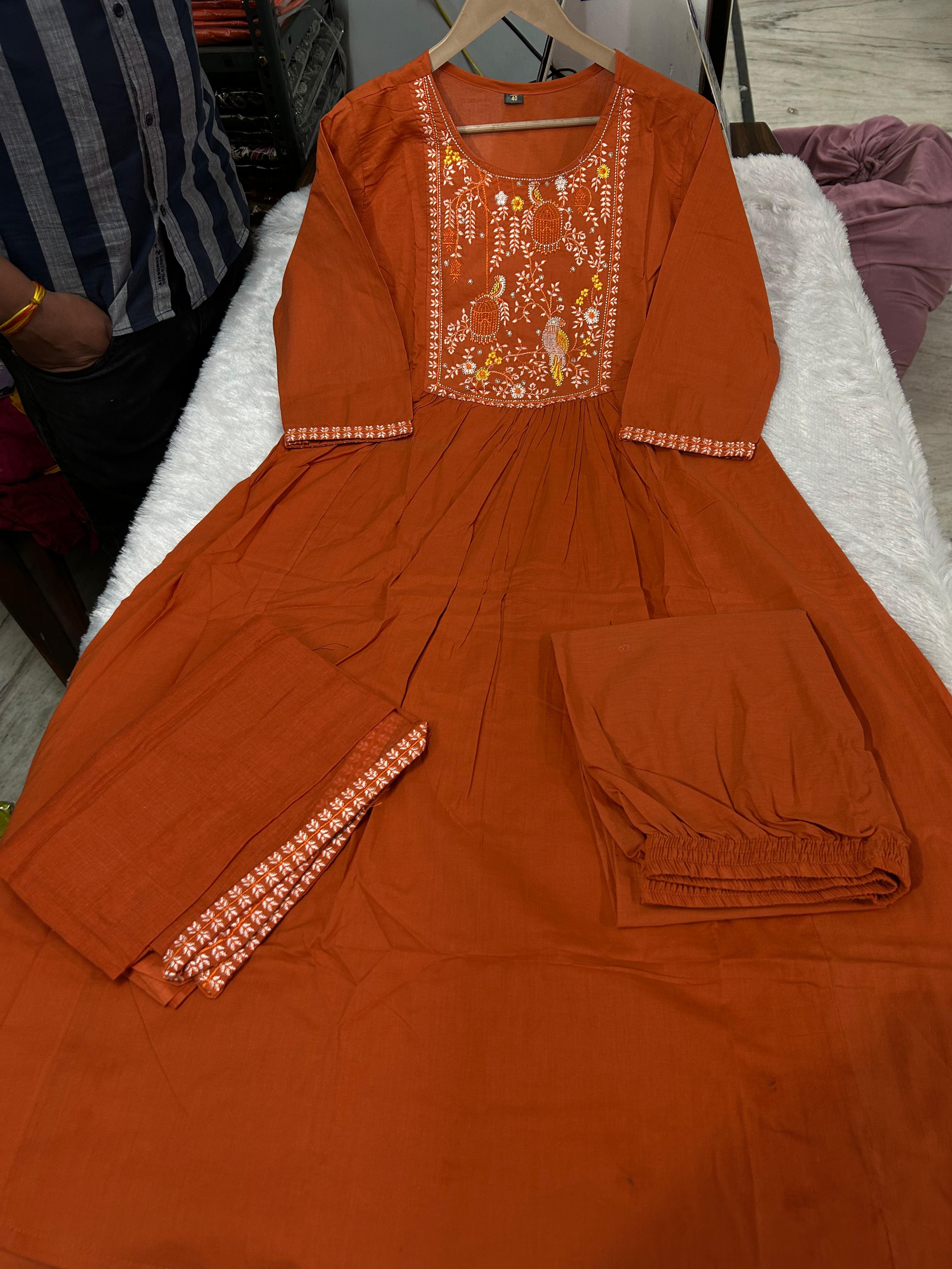 Ruhanika Embroidered Anarkali Suit with Pant & Mul Cotton Dupatta