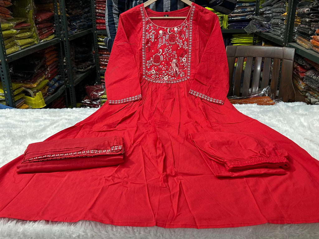 Ruhanika Embroidered Anarkali Suit with Pant & Mul Cotton Dupatta