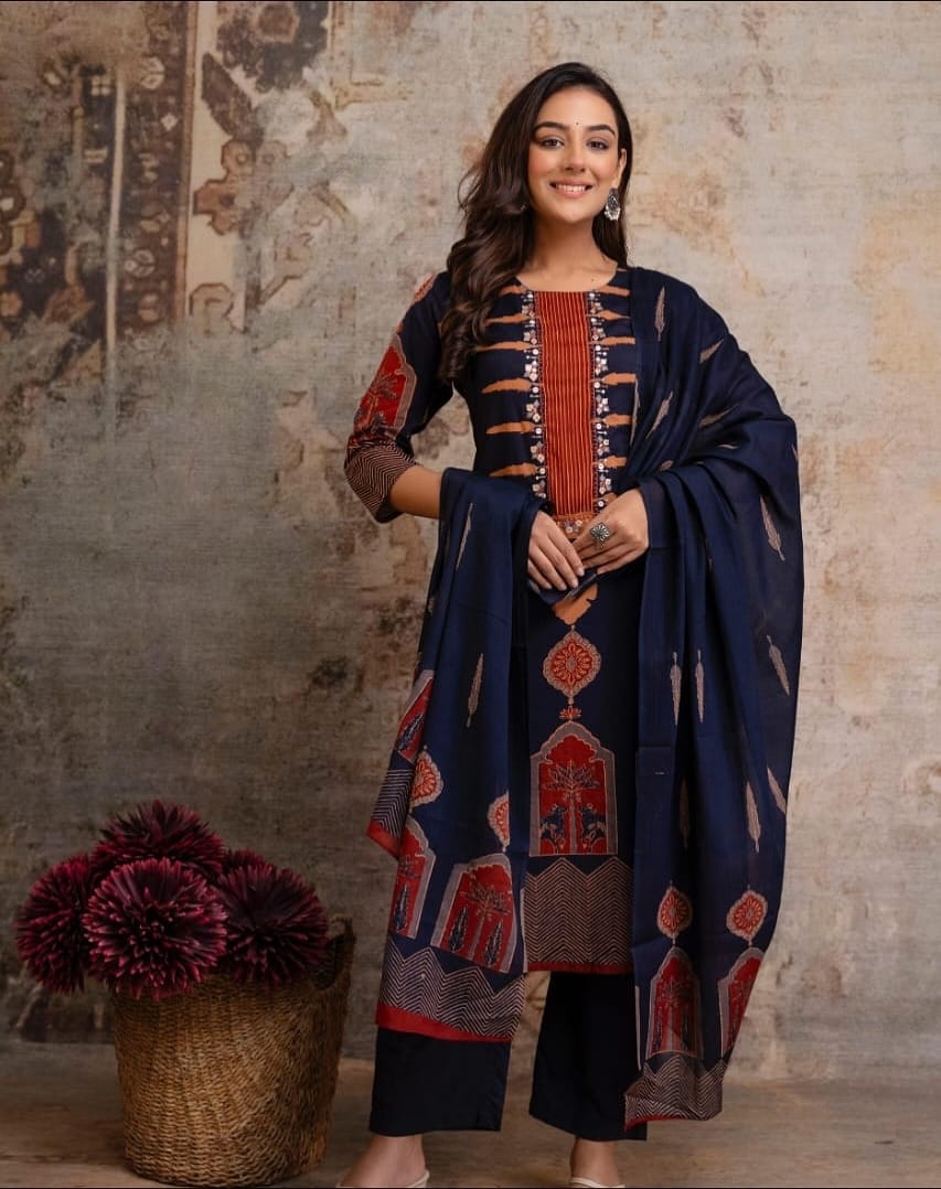 Vihana Cotton Embroidered Kurti with Pant & Dupatta