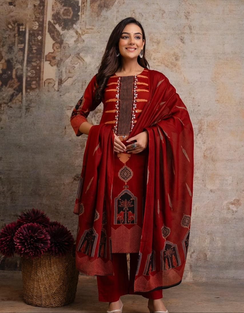Vihana Cotton Embroidered Kurti with Pant & Dupatta