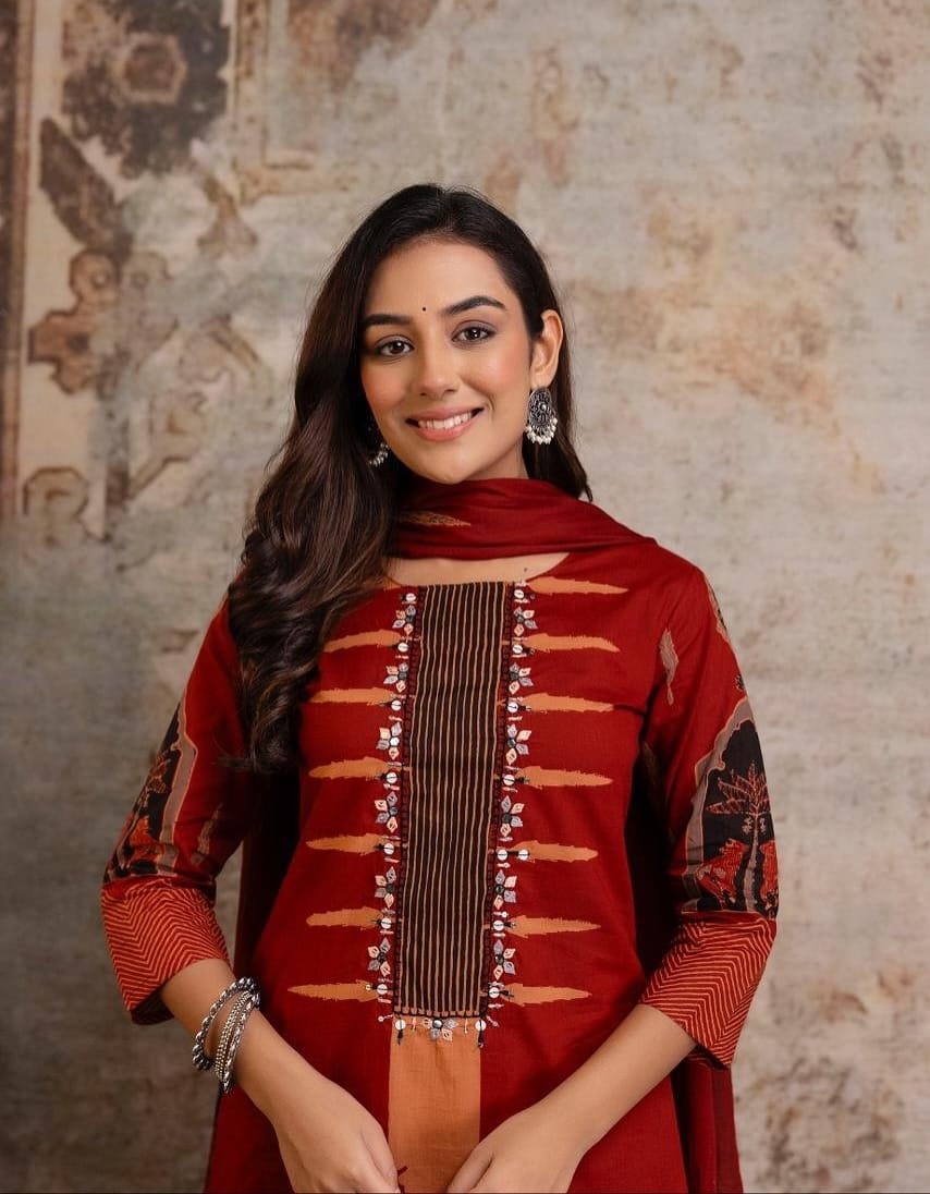 Vihana Cotton Embroidered Kurti with Pant & Dupatta