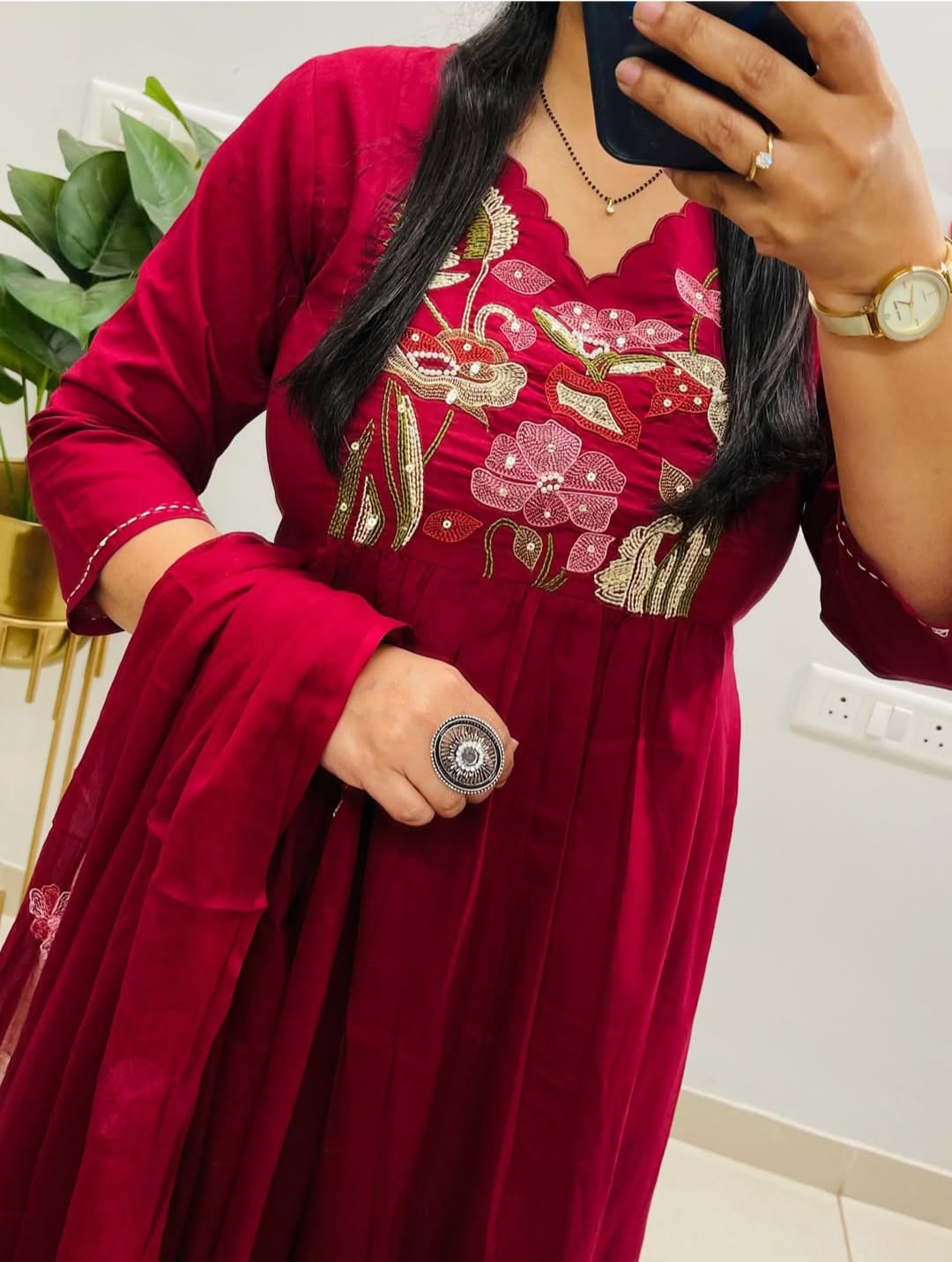 Tavishi Cotton Embroidered Anarkali Suit with Pant & Dupatta