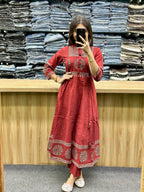 Saanvika Printed Cotton Sequins Katha Work Anarkali Kurta Set with Pant & Dupatta