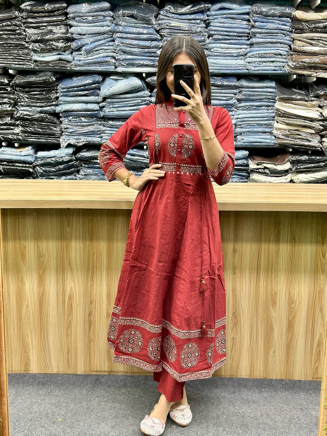 Saanvika Printed Cotton Sequins Katha Work Anarkali Kurta Set with Pant & Dupatta