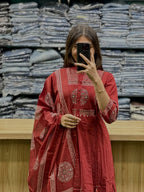 Saanvika Printed Cotton Sequins Katha Work Anarkali Kurta Set with Pant & Dupatta