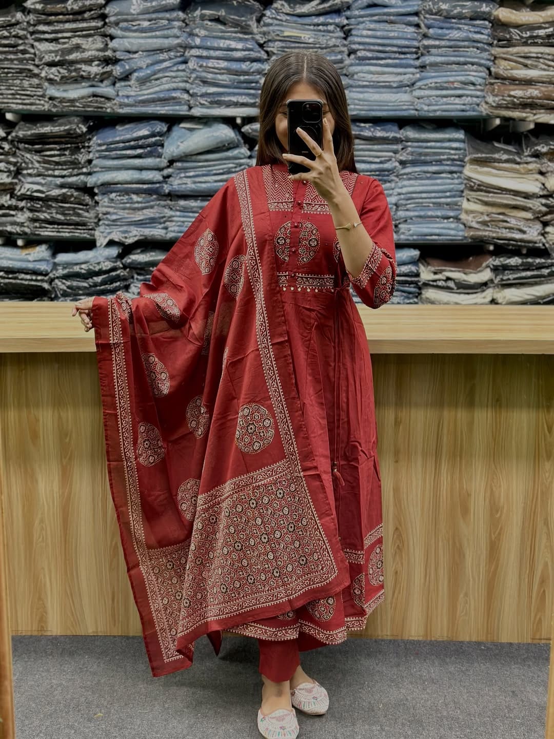 Saanvika Printed Cotton Sequins Katha Work Anarkali Kurta Set with Pant & Dupatta