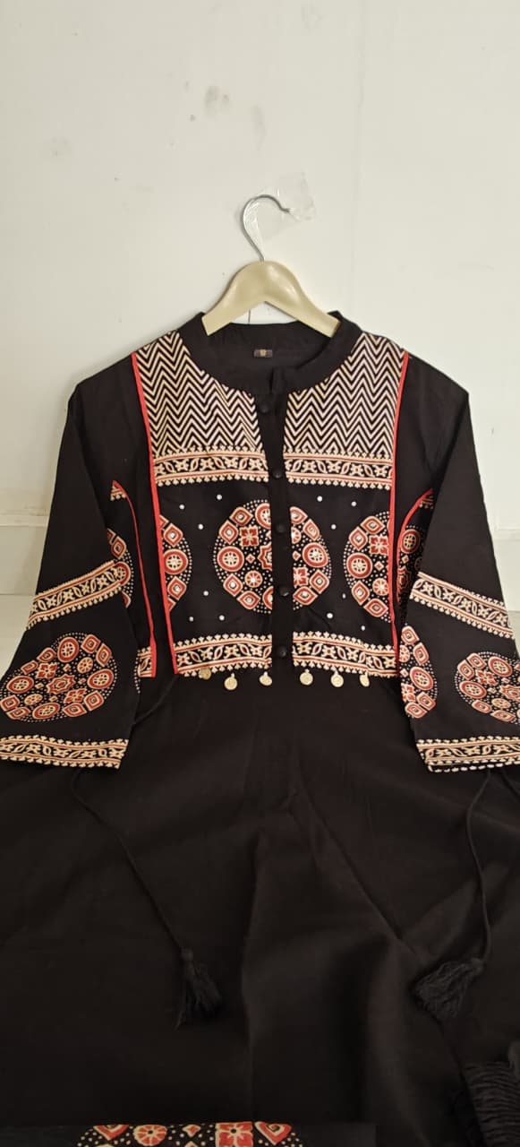 Saanvika Printed Cotton Sequins Katha Work Anarkali Kurta Set with Pant & Dupatta