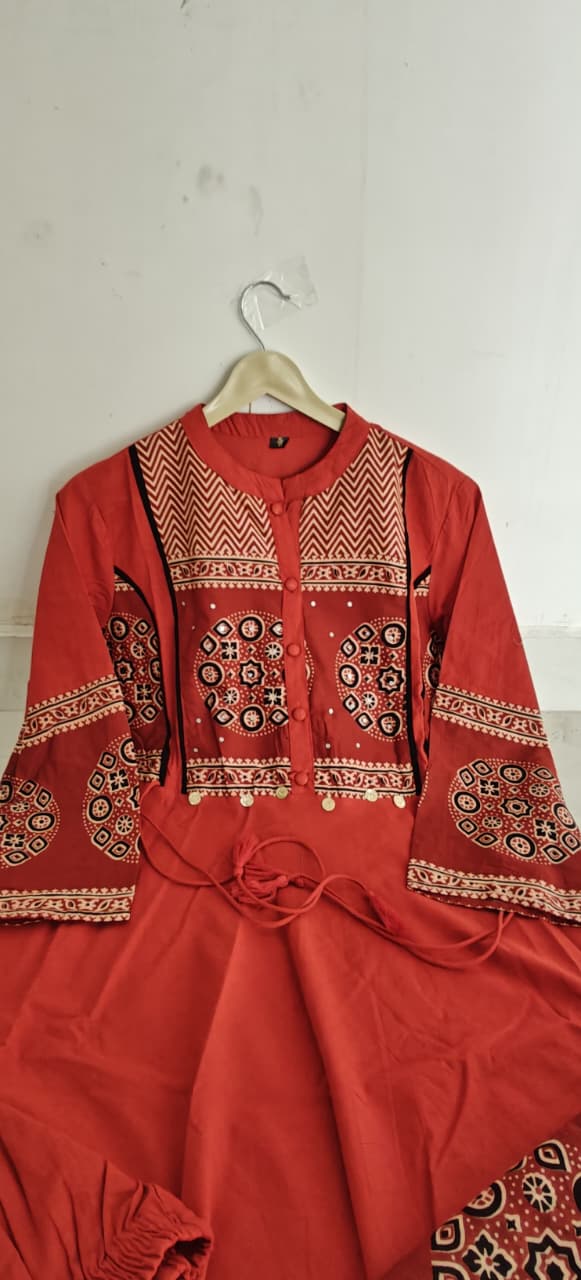 Saanvika Printed Cotton Sequins Katha Work Anarkali Kurta Set with Pant & Dupatta