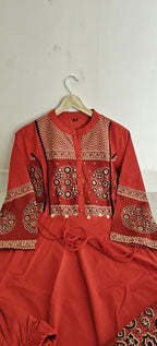 Saanvika Printed Cotton Sequins Katha Work Anarkali Kurta Set with Pant & Dupatta