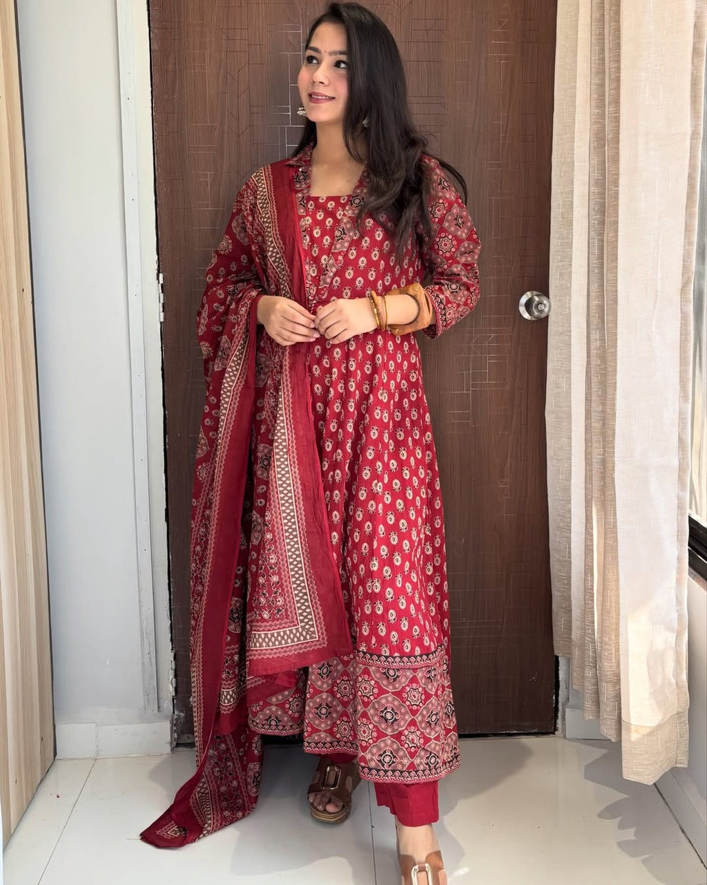 Madhurima Printed Cotton Sequins Katha Work Anarkali Kurta with Pant & Dupatta